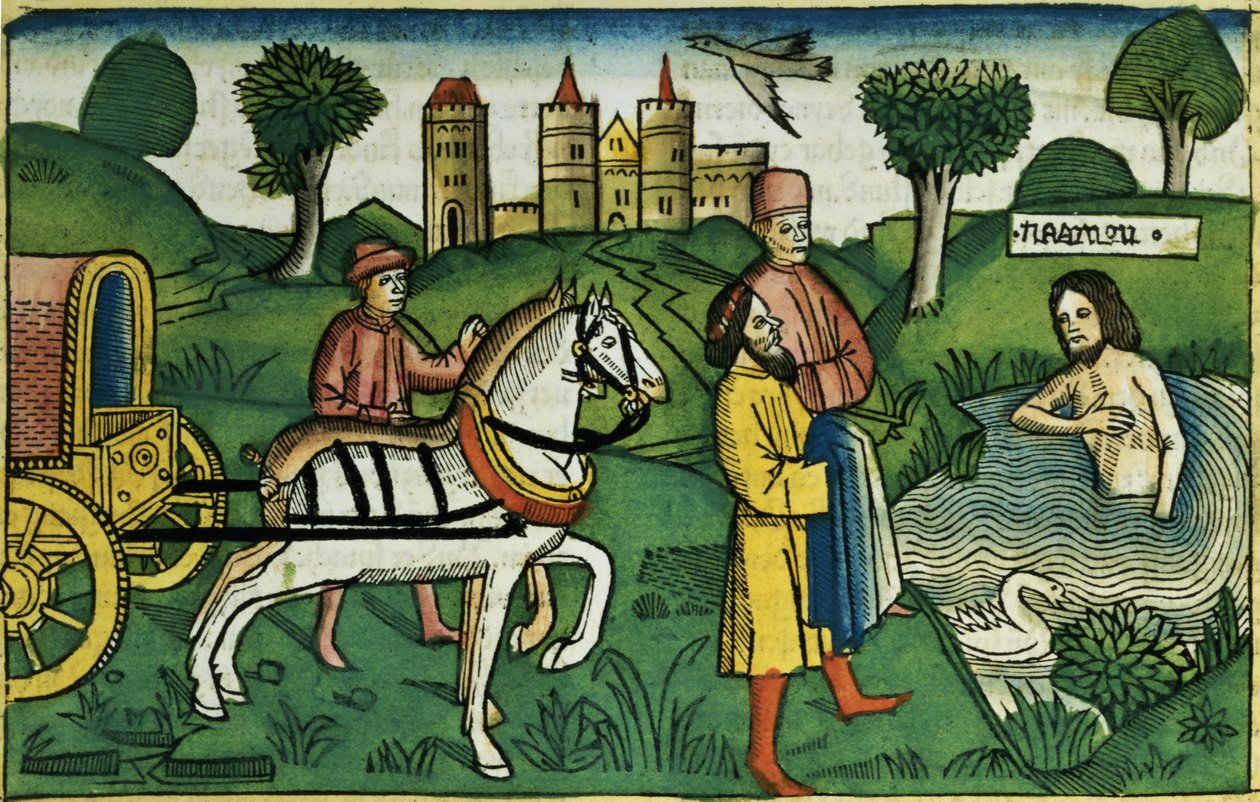 2 Királyok 5 14 Naamán megtisztítása, a nürnbergi Bibliából (Biblia Sacra Germanaica) (színes fametszet) alkotó: German School
