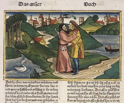 2Sámuel 3:27 Joáb megöli Abnert, a "Nürnbergi Bibliából (Biblia Sacra Germanaica)" (színes fametszet) alkotó: German School