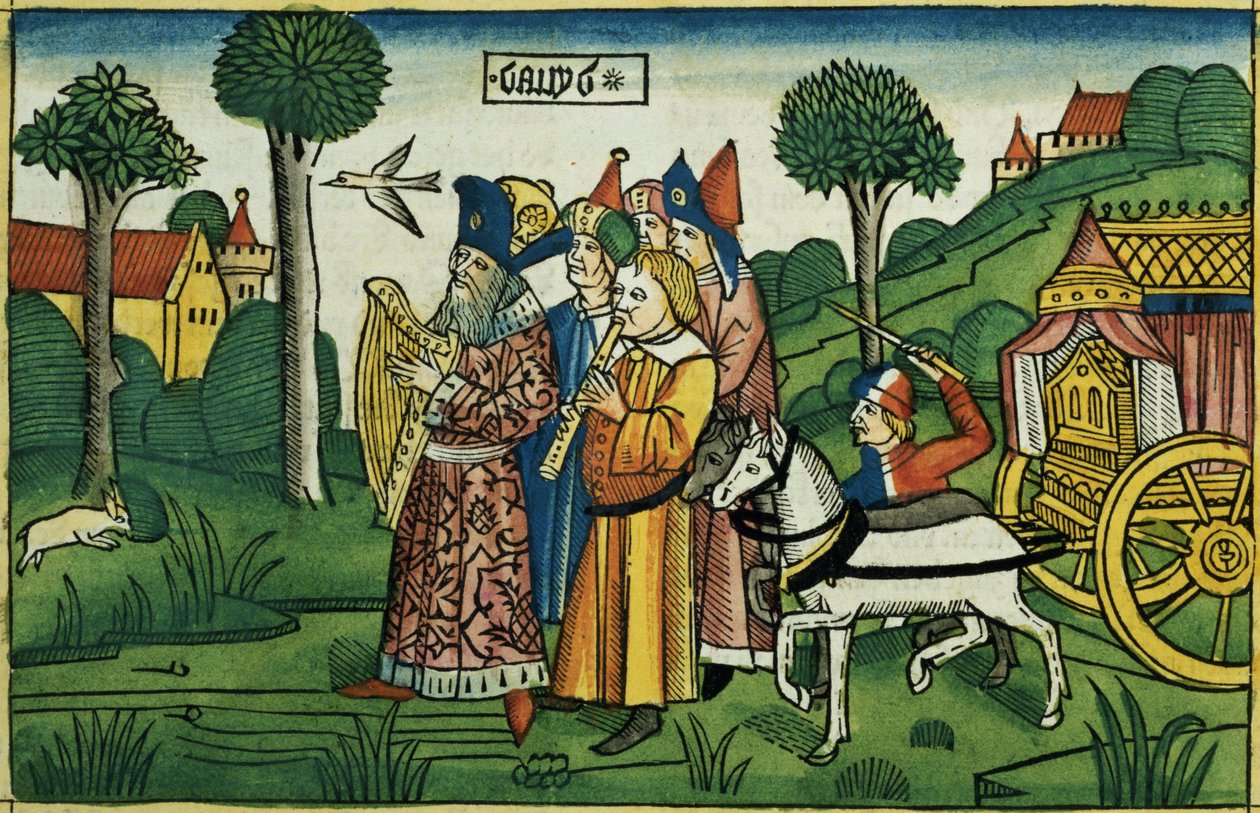 2Sámuel 6 1-5 Dávid elhozza a bárkát Jeruzsálembe, a Nürnbergi Bibliából (Biblia Sacra Germanaica) (színes fametszet) alkotó: German School