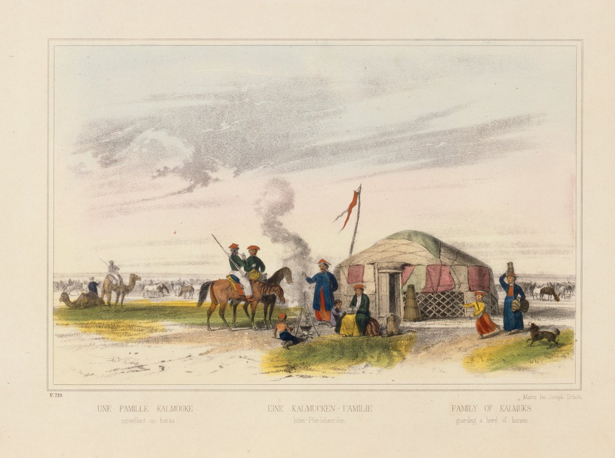 Egy kalmük (nyugat-mongol) család lovakat pásztorkodó, képes adatlap Joseph Scholz kiadásában, Mainz, 1860 körül alkotó: German School