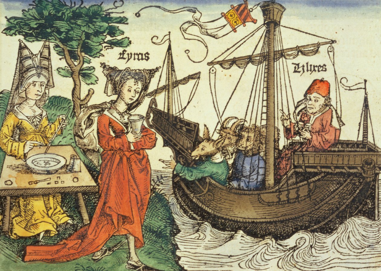 Egy varázslónő, valószínűleg Circe a méregpohárral és Odüsszeusz társaival a Nürnbergi Krónikából, Hartmann Schedel (1440-1514) 1493 alkotó: German School