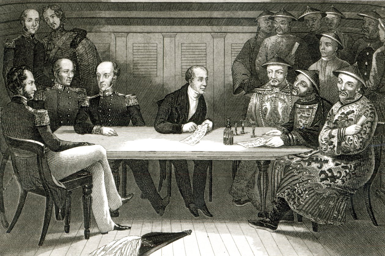 Konferencia Chusanban Bremer Commodore és Chang kínai tisztviselő között a HMS Wellesley fedélzetén, 1841. július 4. alkotó: German School