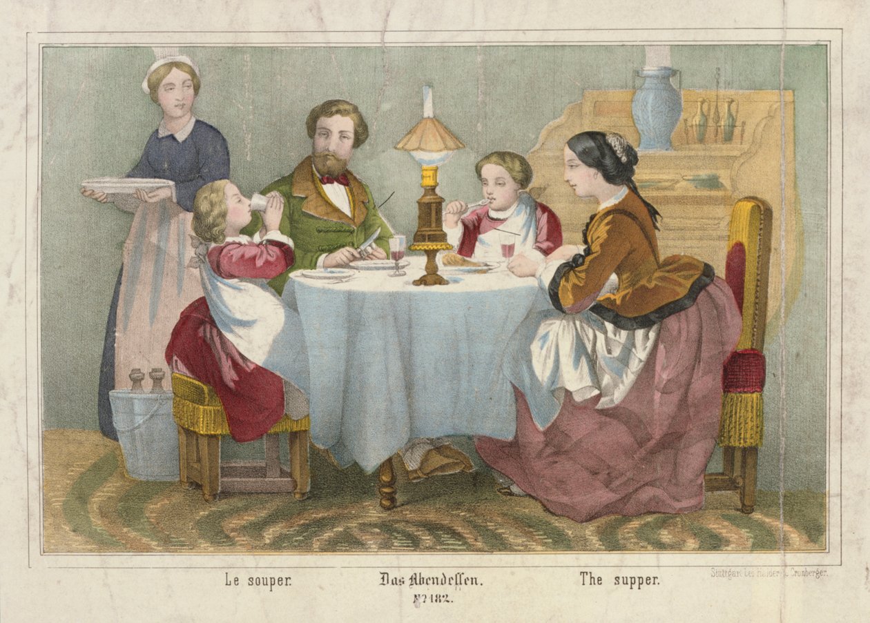 Egy család az esti vacsorán, képes lap, Haider & Cronberger, Stuttgart, 1860 alkotó: German School