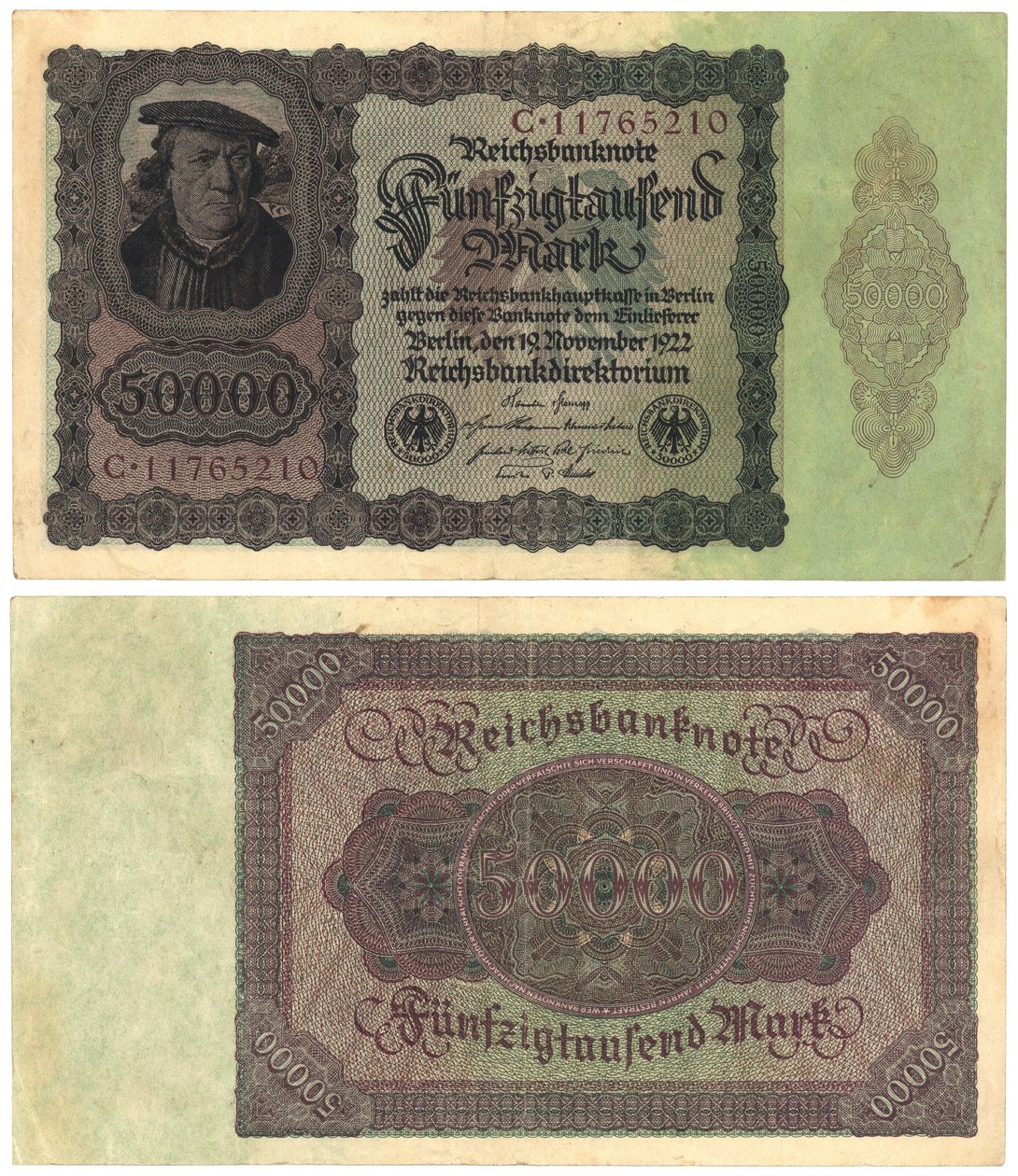 Egy ötvenezer márkás bankjegy, 1922 (recto and verso) alkotó: German School