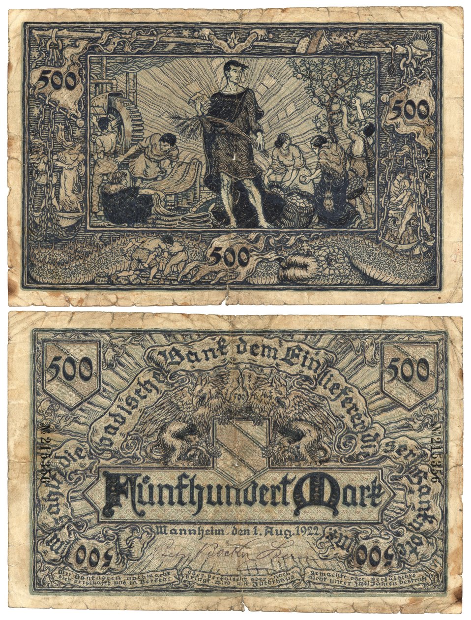 Egy ötszáz márkás bankjegy, 1922 (recto and verso) alkotó: German School