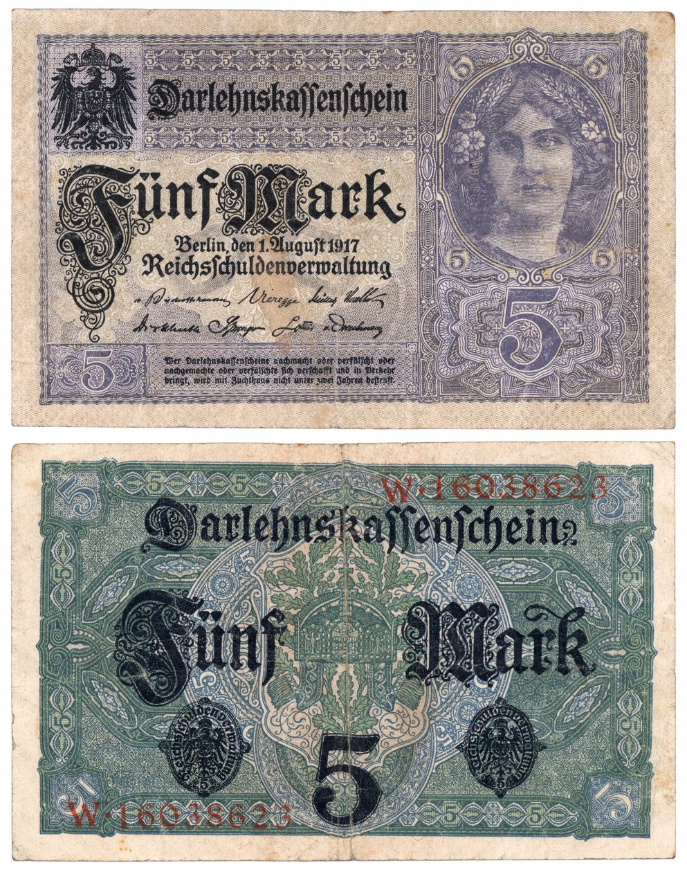 Egy ötmárkás bankjegy, 1917 (recto and verso) alkotó: German School
