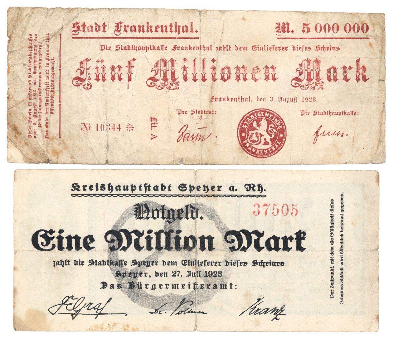 Egy ötmillió és egymillió márkás bankjegy, 1923 alkotó: German School