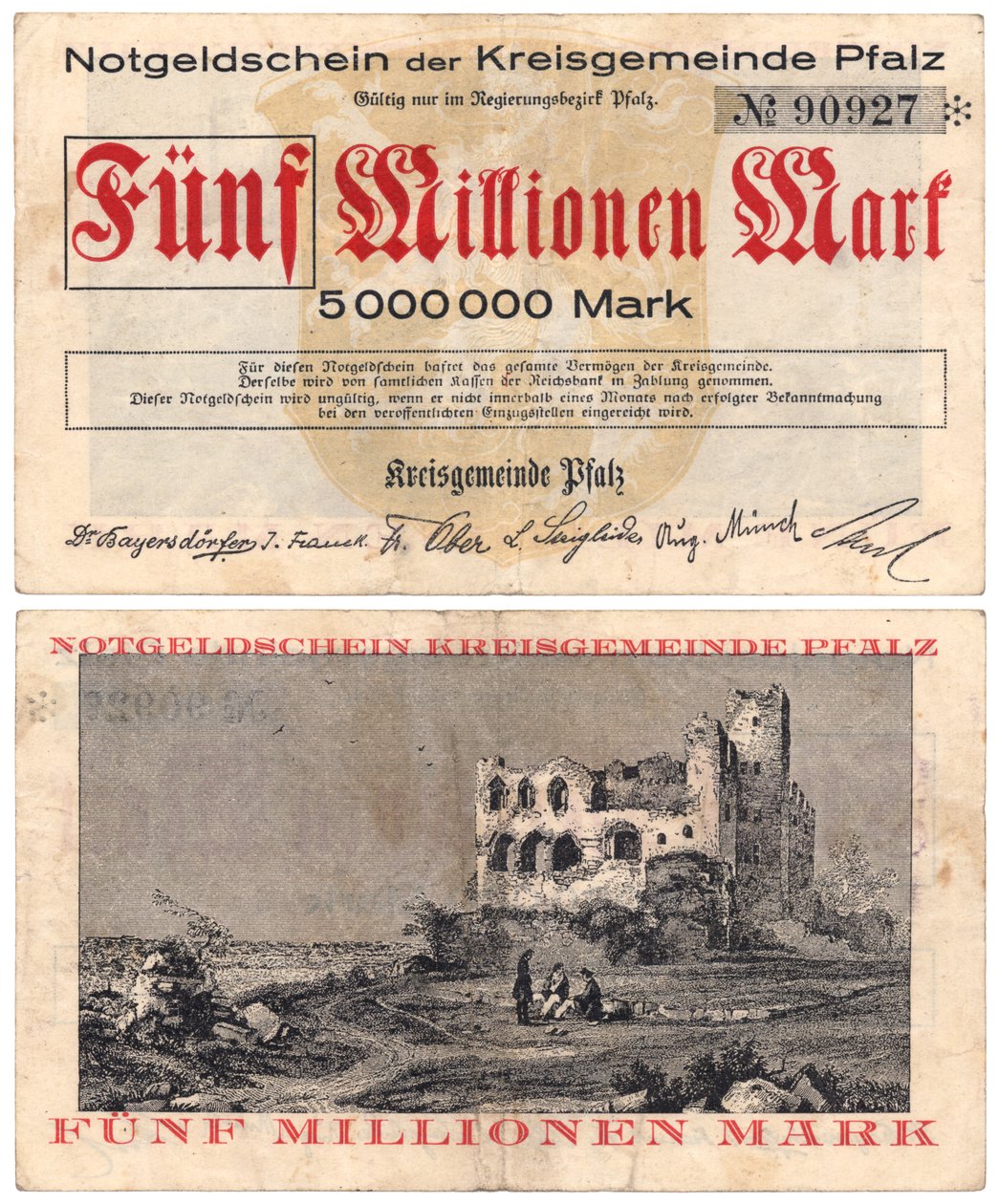 Egy ötmillió márkás bankjegy, 1923 körül (recto and verso) alkotó: German School