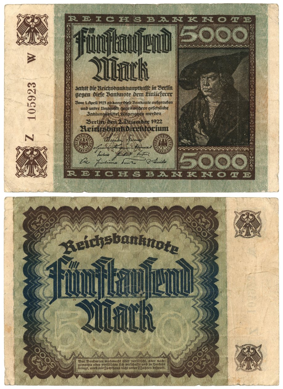 Egy ötezer márkás bankjegy, 1922 (recto and verso) alkotó: German School
