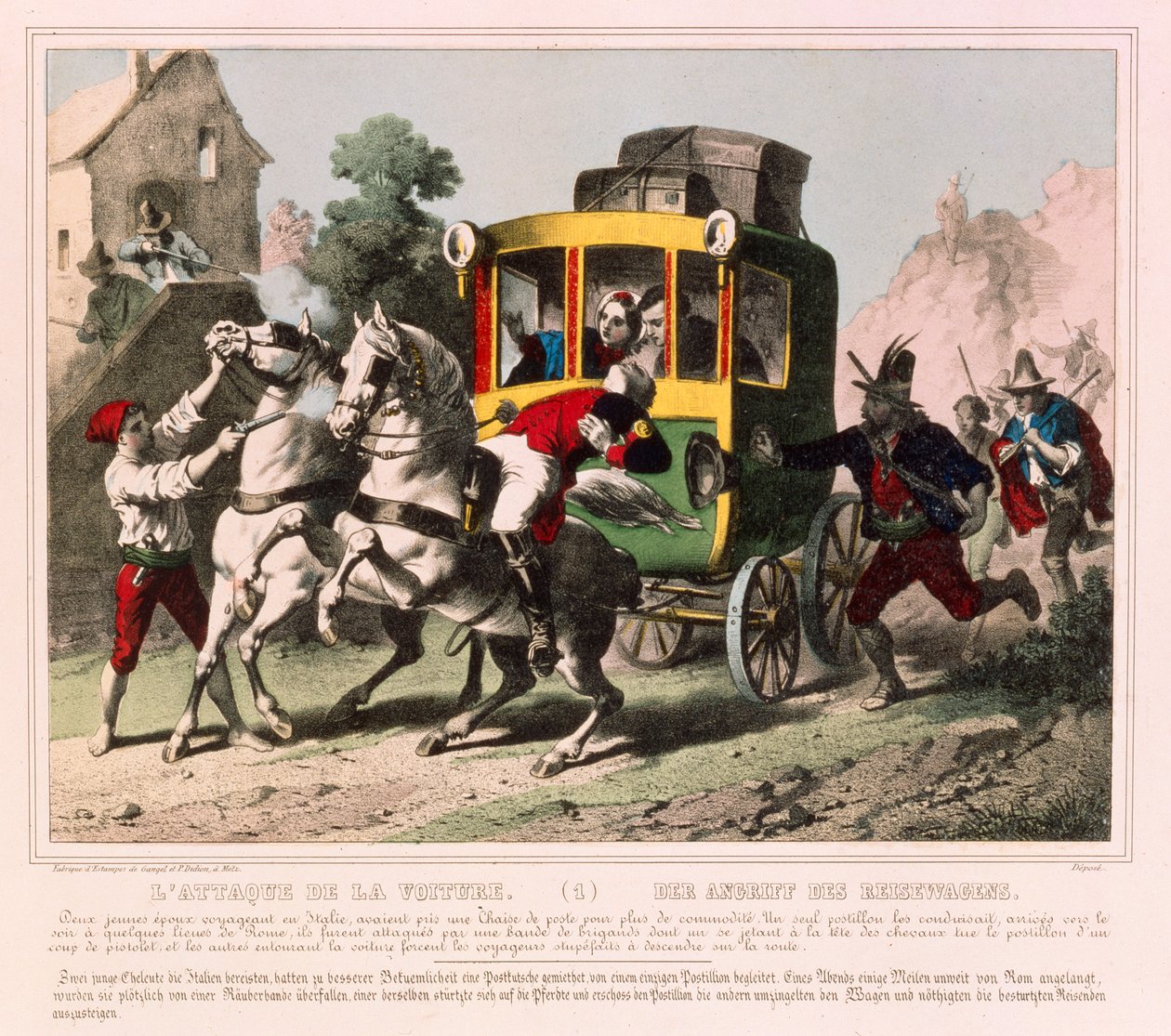 Autópályások megtámadnak egy nászutas házaspárt Olaszországban, a Gangel & P. Didion által kiadott képes lap, Metz, 1850 körül alkotó: German School