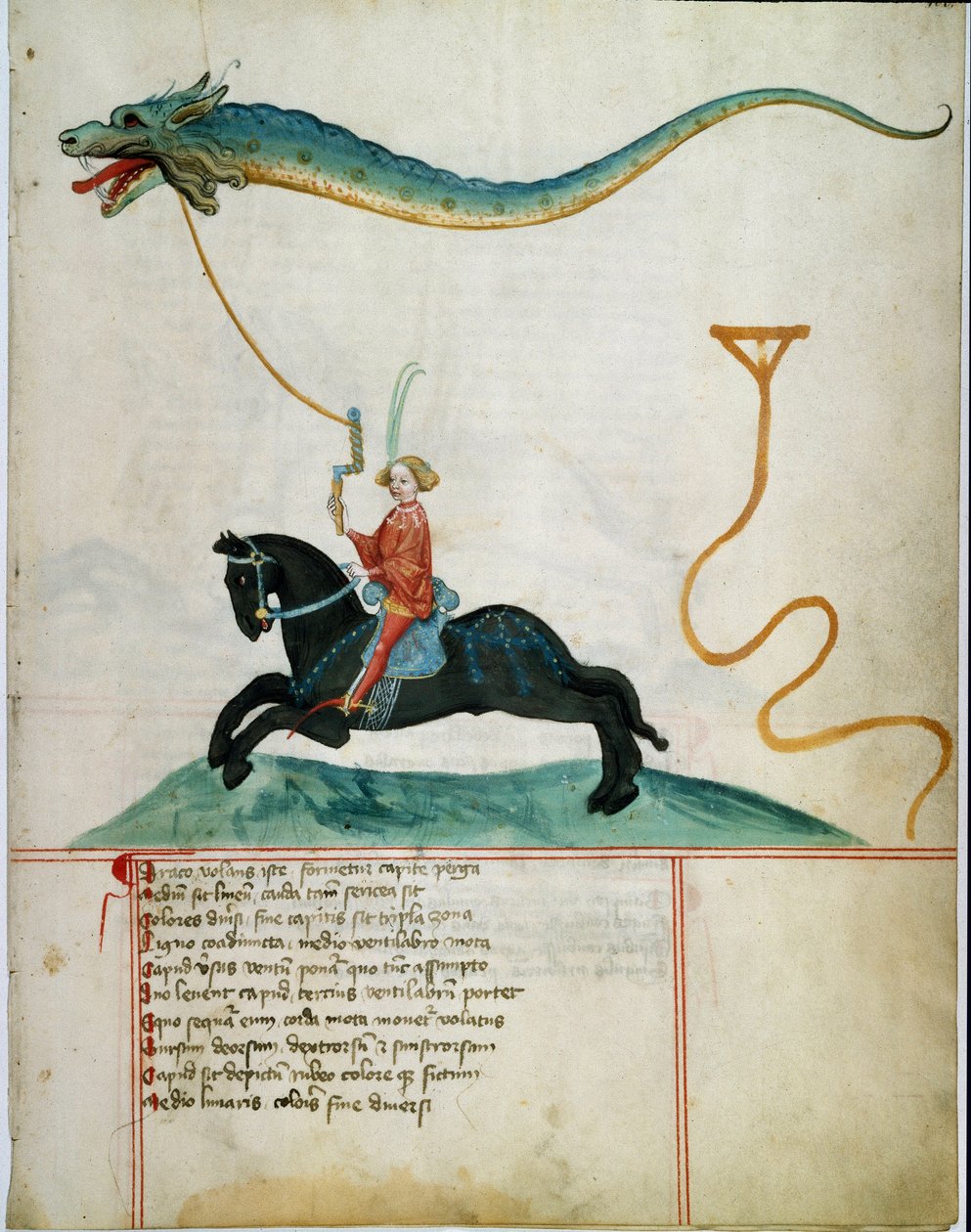 Sárkányrepülő szarvast tartó lovag A 15. századi német iskola kéziratos oldala. 1405 Gottingen, az egyetem könyvtára alkotó: German School