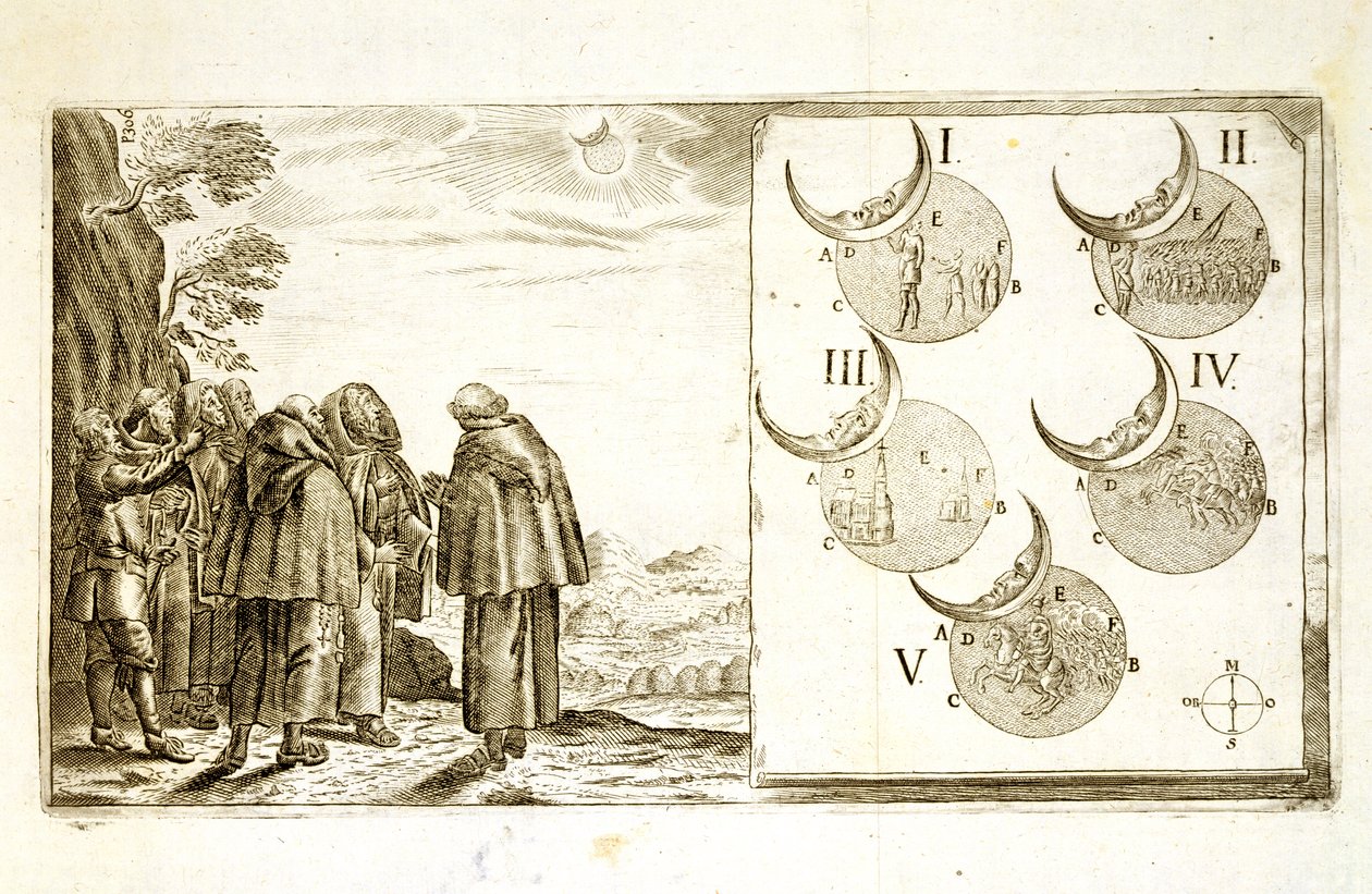 Katonai támadás a napfogyatkozás fázisainak megfelelően, illusztráció az európai oszmán hadjáratokról szóló könyvből, Paul Furst (kb. 1605-66) metszete alkotó: German School