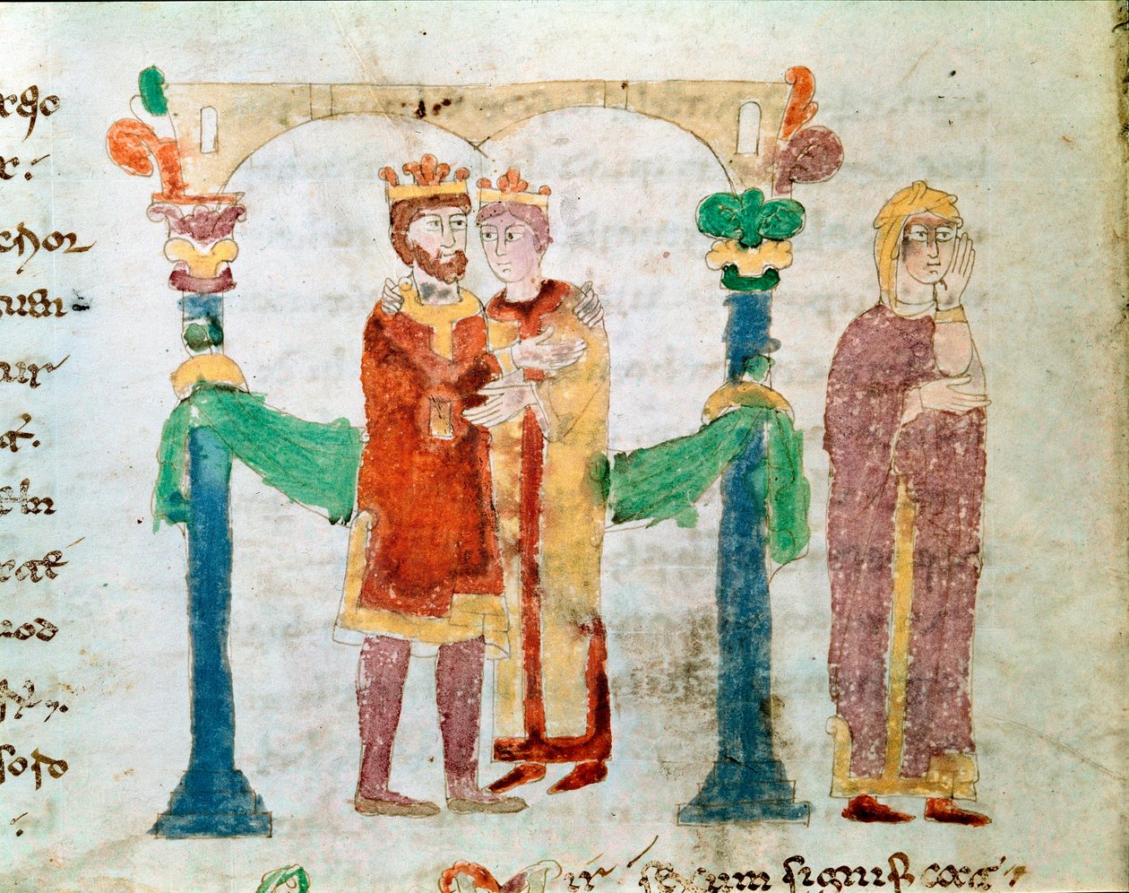 Miniatűr házasság Rabanus Maurus Magnentius (vagy Raban Maur vagy Rabano Mauro, 780-856 körül) "De Universe" vagy "De rerum naturis" (A dolgok természetéről) kéziratából. A Monte Cassino apátság archívuma (Cassin-hegy) alkotó: German School