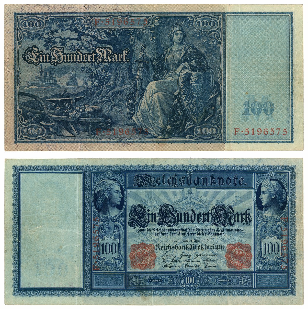 Százmárkás bankjegy, 1910 (recto and verso) alkotó: German School