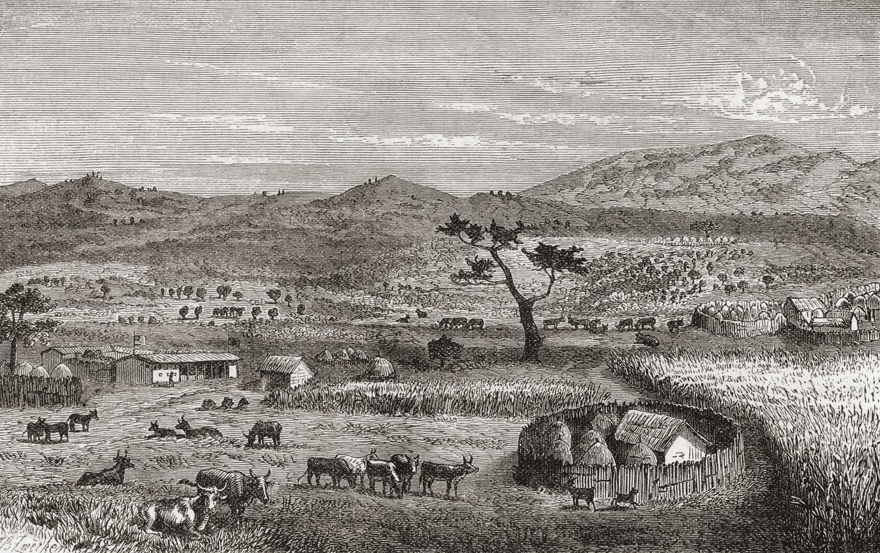 Egy település Kouiharában, Nyugat-Afrikában, illusztráció a „The World in the Hands” című könyvből, 1878-ban. alkotó: German School