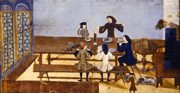 Egy kocsmabelső jelenet italozó alakokkal, 1690 körül (gouache papíron) alkotó: German School