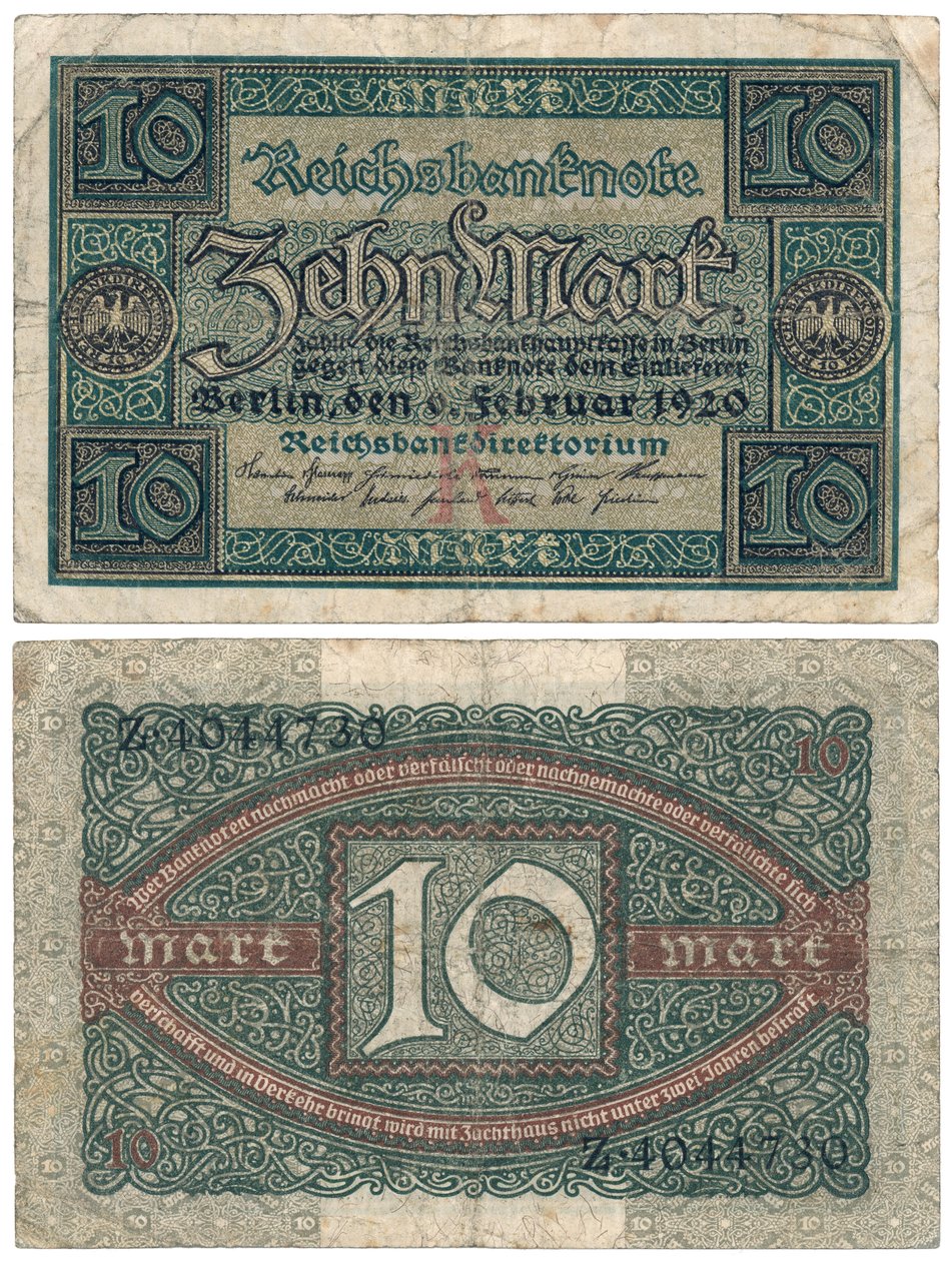 Egy tízmárkás bankjegy, 1920 (recto and verso) alkotó: German School