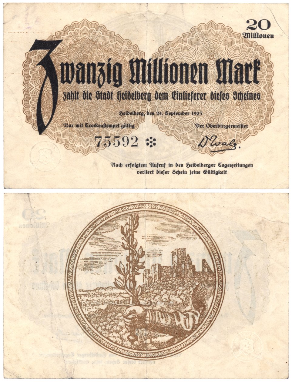 Egy húszmillió márkás bankjegy, 1923 (recto and verso) alkotó: German School