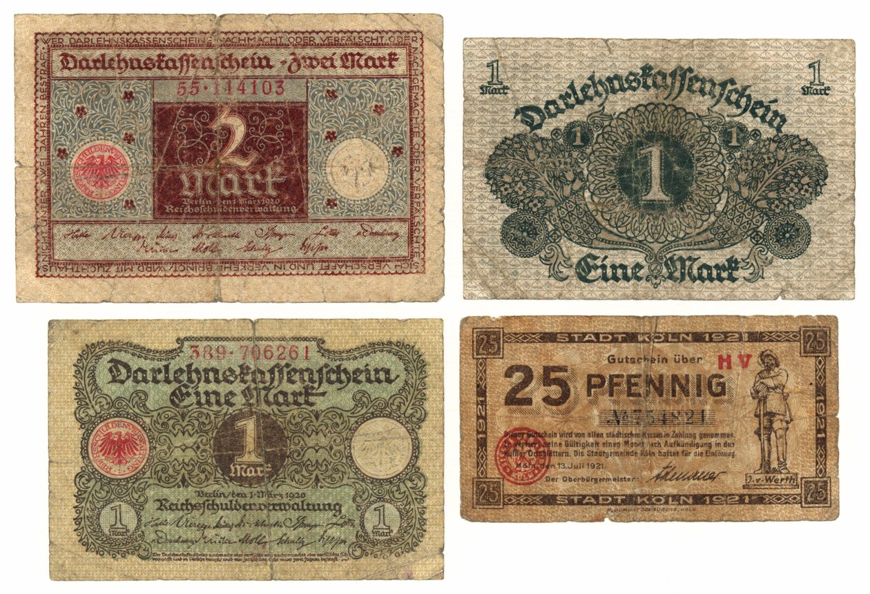Egy kétmárkás bankjegy, két egymárkás bankjegy és egy huszonöt pfennig bankjegy, 1920-21 alkotó: German School
