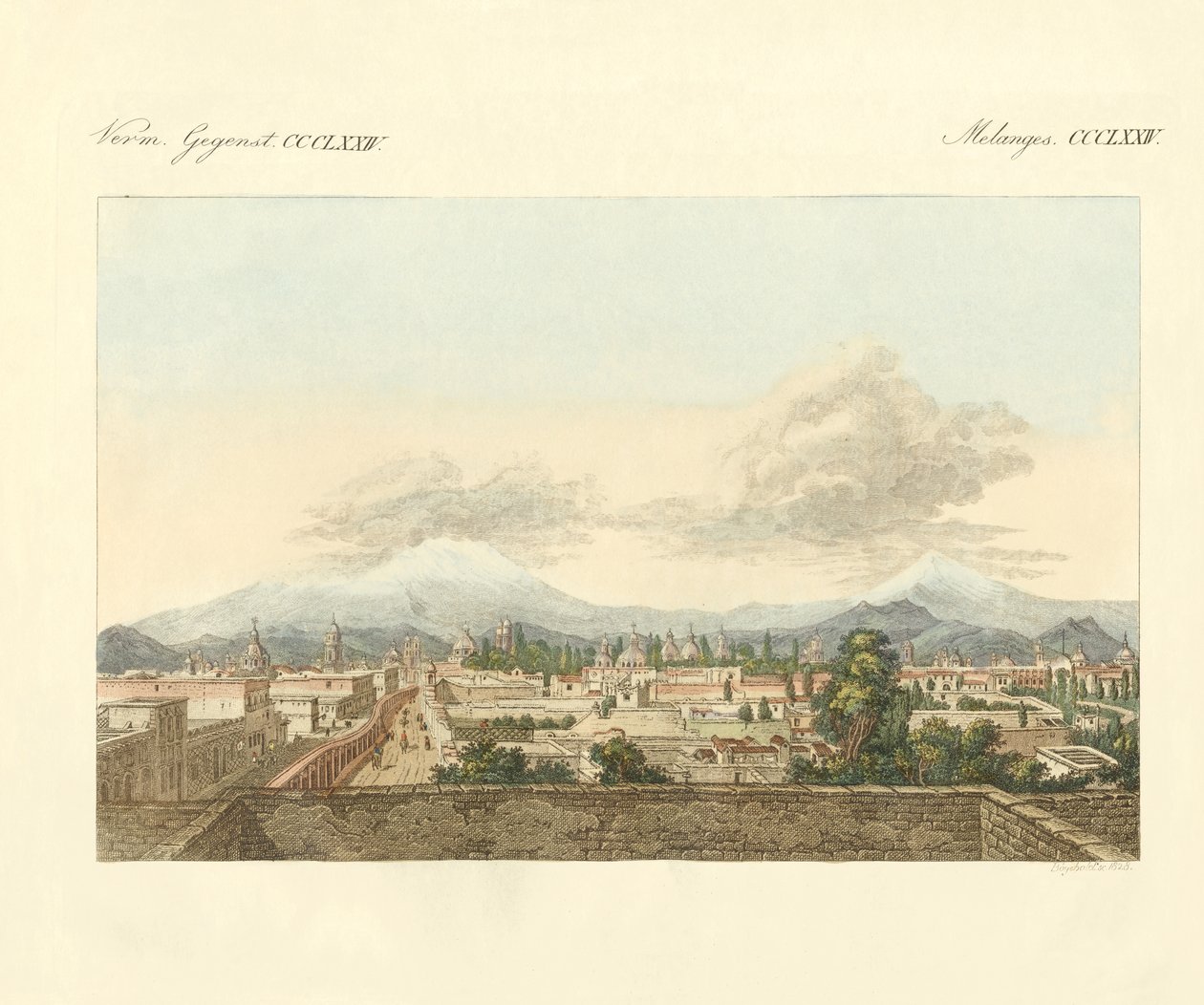Kilátás Mexikóra és a város távolabbi környezetére (színes metszet) alkotó: German School