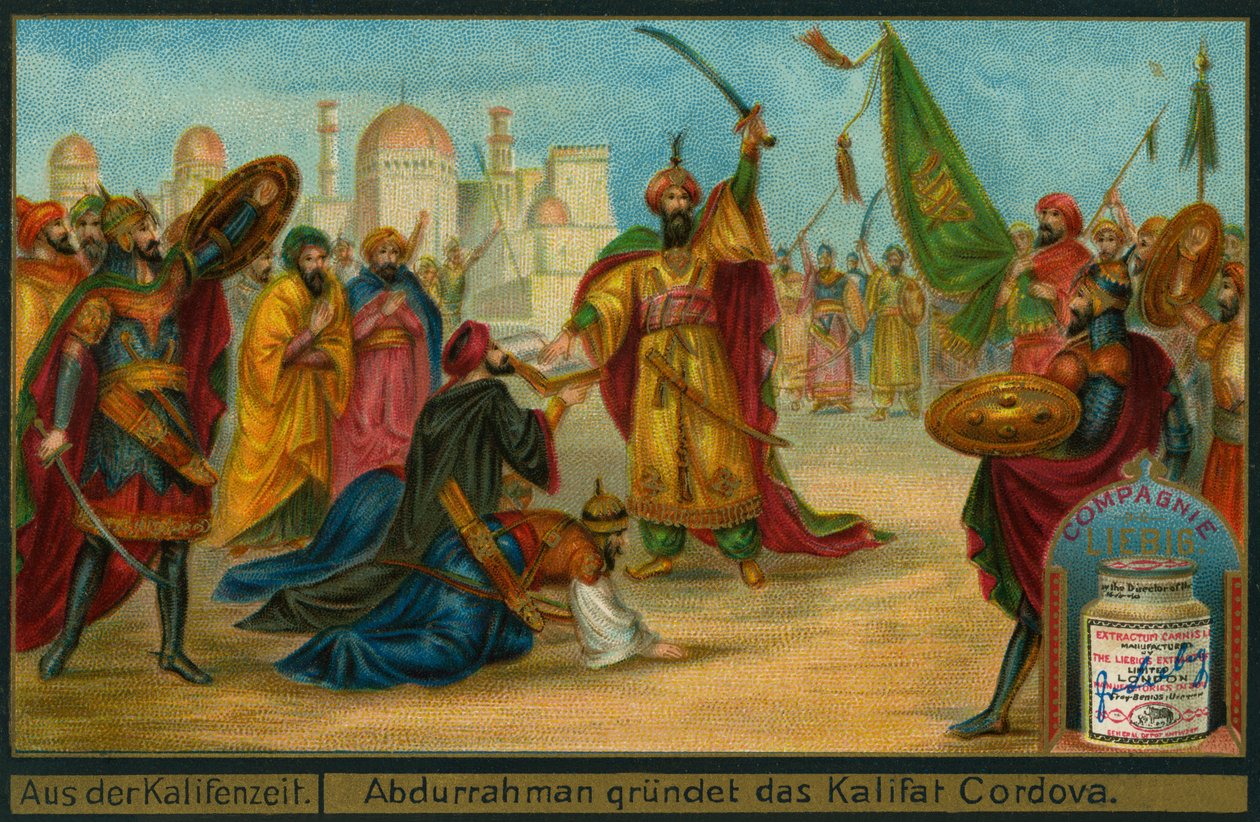 Abd-ar-Rahman III. kikiáltja magát Cordoba kalifájának, Liebig-kártya alkotó: German School