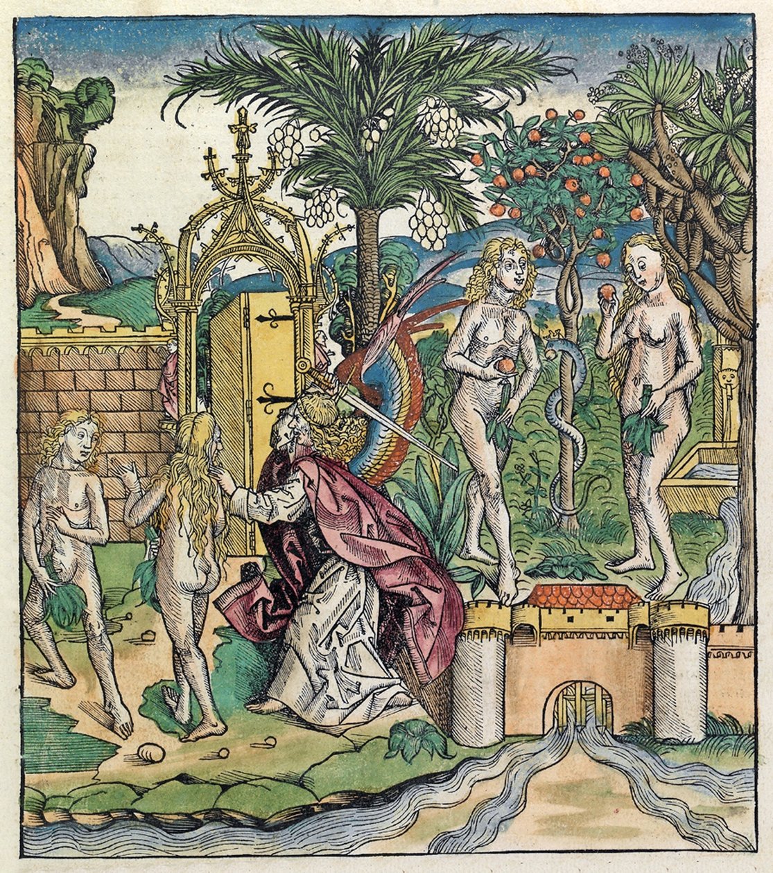 Ádám és Éva száműzetése az Édenből, megjelent a Nürnbergi Krónikában, 1493 alkotó: German School