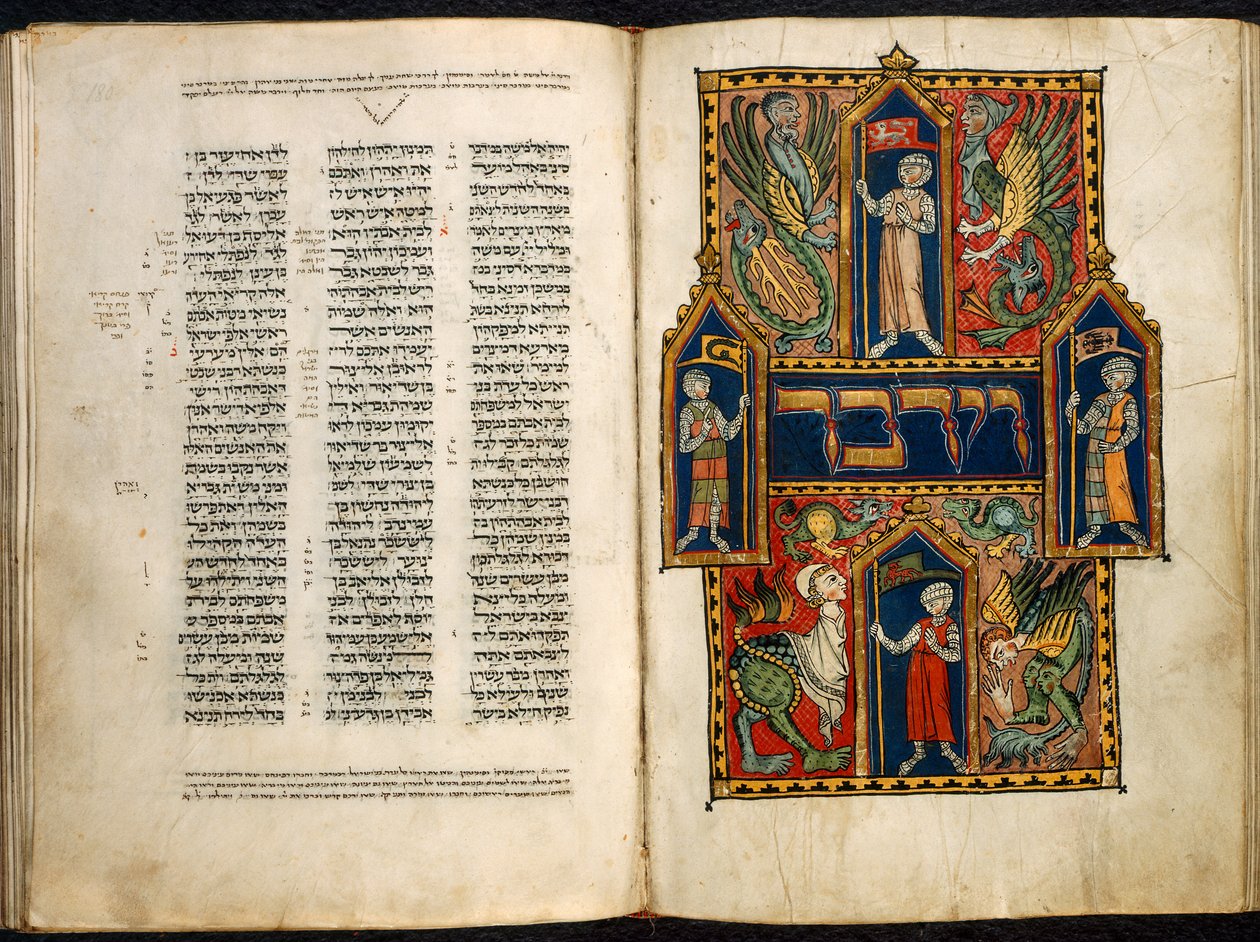 Hozzáadás. 15282 fol.179v-180 A Számok könyvének első szava díszítve, a „Sussex-i német pentateuchtól”, 1300 körül (vellum) alkotó: German School