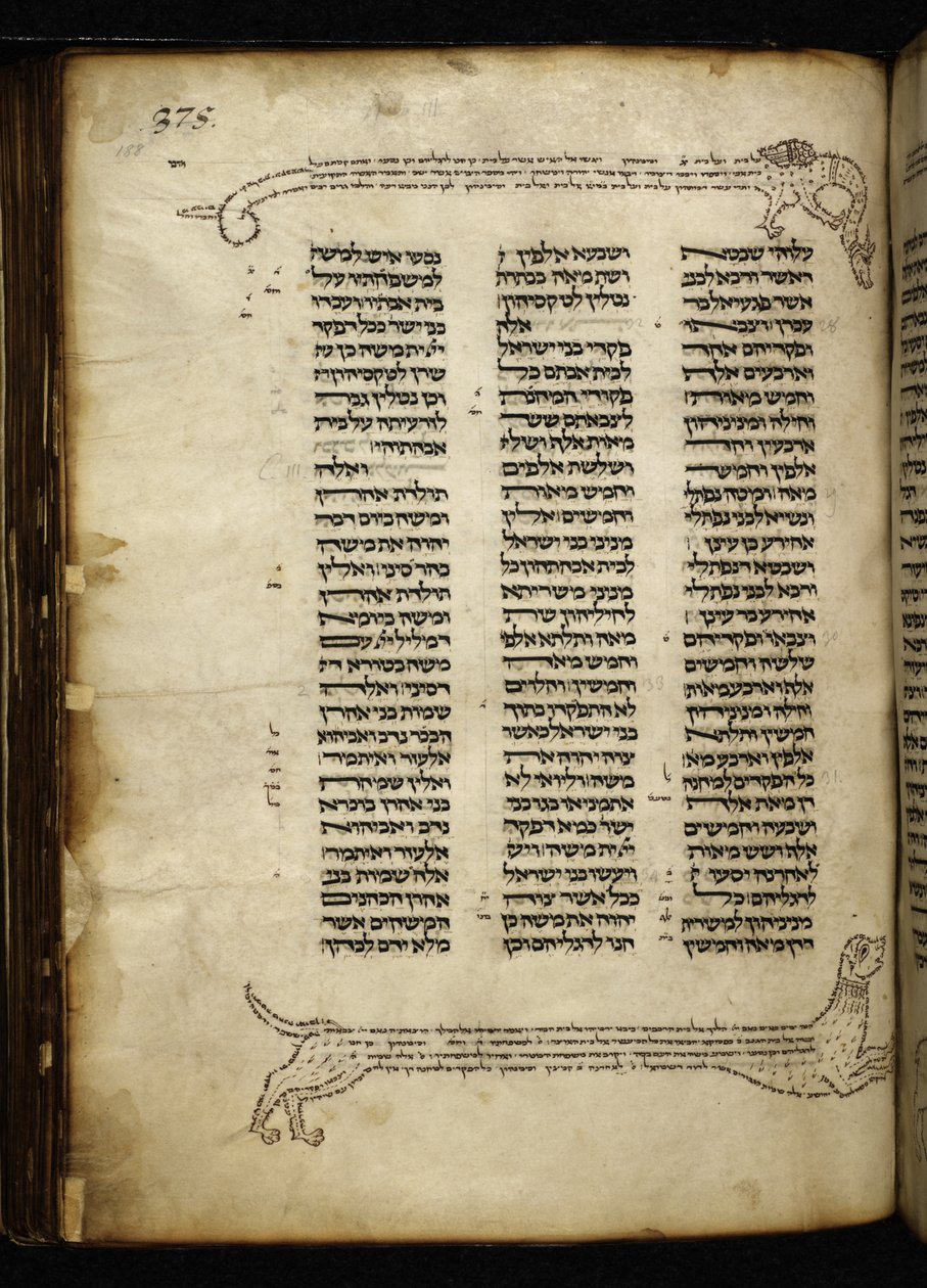 Hozzáadás. 21160, f.188, Mikrográfia két kutyáról, akik egy szarvast, fát, madarakat és egy sárkányt üldöznek, a Numbersnál (2-3. fejezet). alkotó: German School