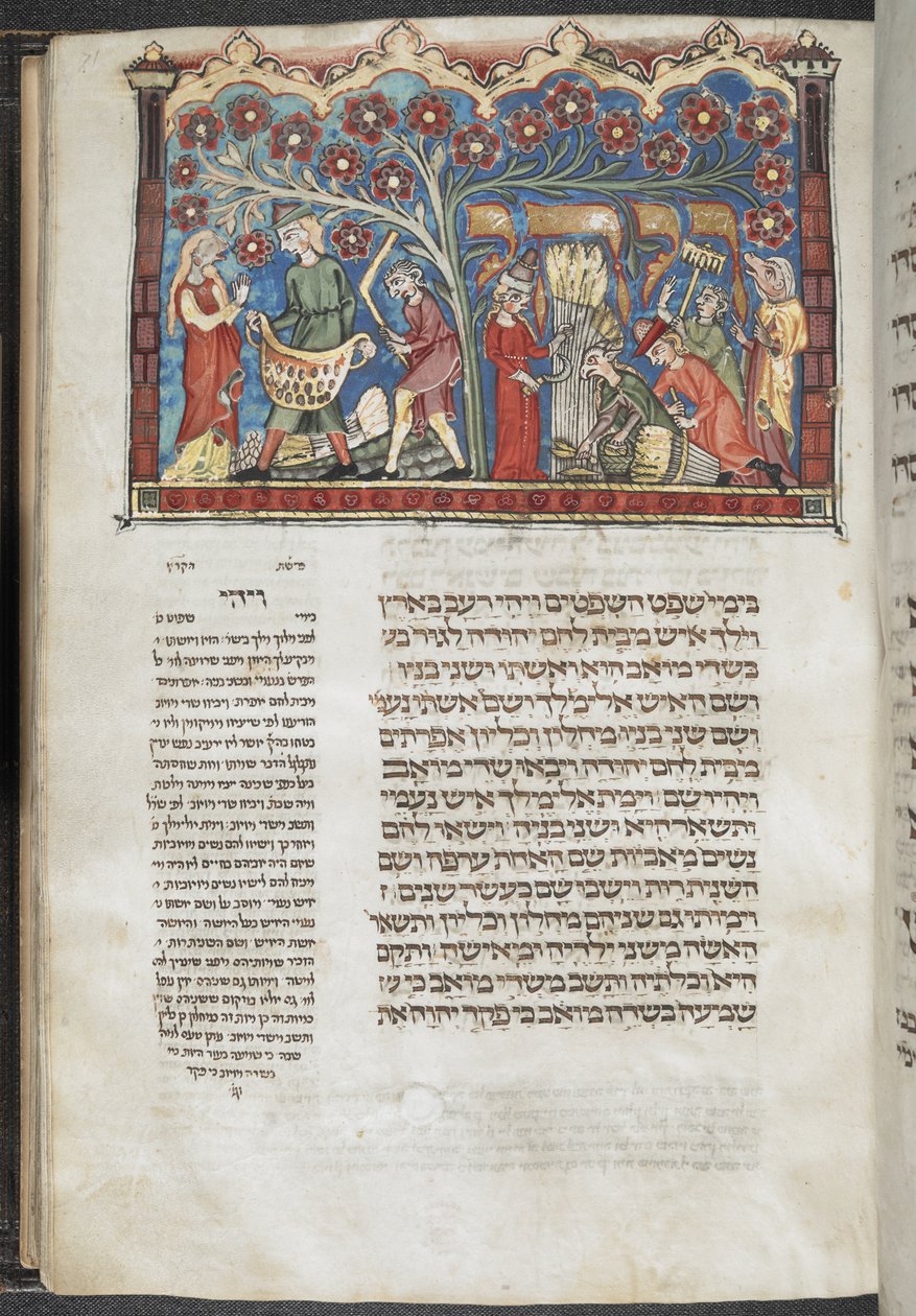 Hozzáadás. 22413, f.71 Szüreti jelenet, egy „délnémet machzorból (fesztiváli imakönyv)”, 1320 körül (tinta és szín a pergamen) alkotó: German School