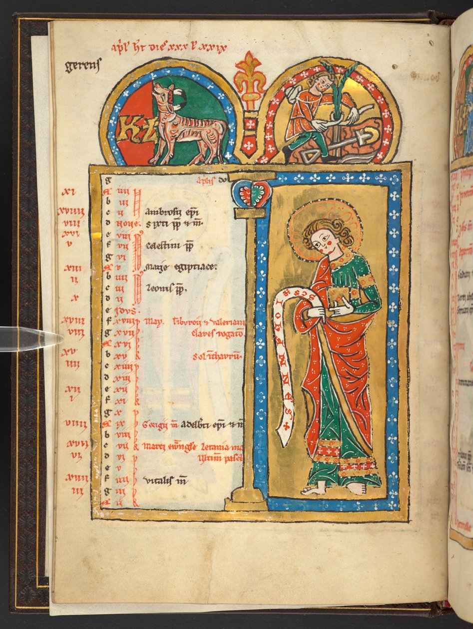 Hozzáadás. 60629, f.2v április, 12 arany és színes naptároldal része, építészeti keretekkel, amelyek mindegyike az állatöv jelét, egy apostolát és a hónap munkáját (vellum) tartalmazza alkotó: German School