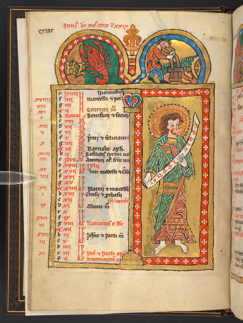 Hozzáadás. 60629, f.3v június, 12-től Arany és színes naptároldalak, építészeti keretekkel, amelyek mindegyike az állatöv jelét, egy apostolát és a hónap munkáját (vellum) tartalmazza alkotó: German School