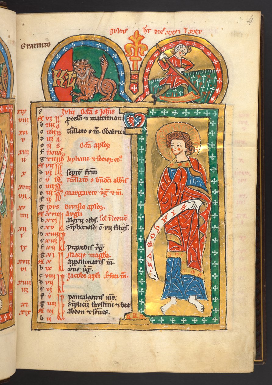 Hozzáadás. 60629, f.4 Július. 12 naptárlap arany és színben, építészeti keretekkel, amelyek mindegyike az állatöv jelét, egy apostolát és a hónap munkáját tartalmazza.  Zsoltároskönyv. Világító zsoltár kalendáriummal, énekekkel és litániákkal apácák haszná alkotó: German School