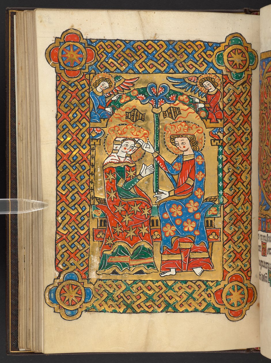 Hozzáadás. 60629, f.56v Szűz koronázása, füstölő angyalokkal (vellum) alkotó: German School