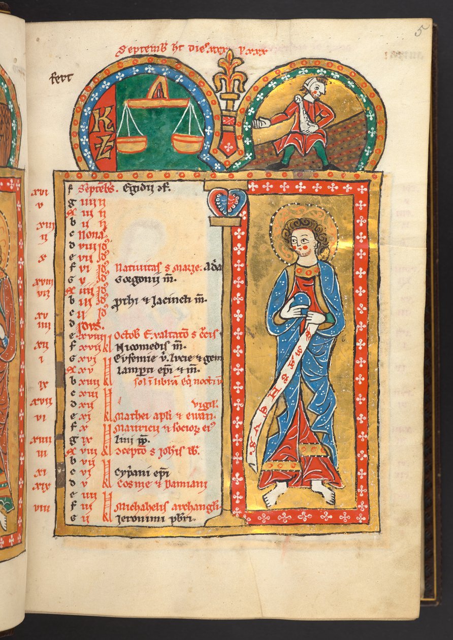 Hozzáadás. 60629, f.5 Szeptember. 12 arany és színes naptároldal, építészeti keretekkel, amelyek mindegyike az állatöv jelét, egy apostolát és a hónap munkáját tartalmazza.  Zsoltároskönyv. Világító zsoltár naptárral, énekekkel és litániákkal a nu használa alkotó: German School
