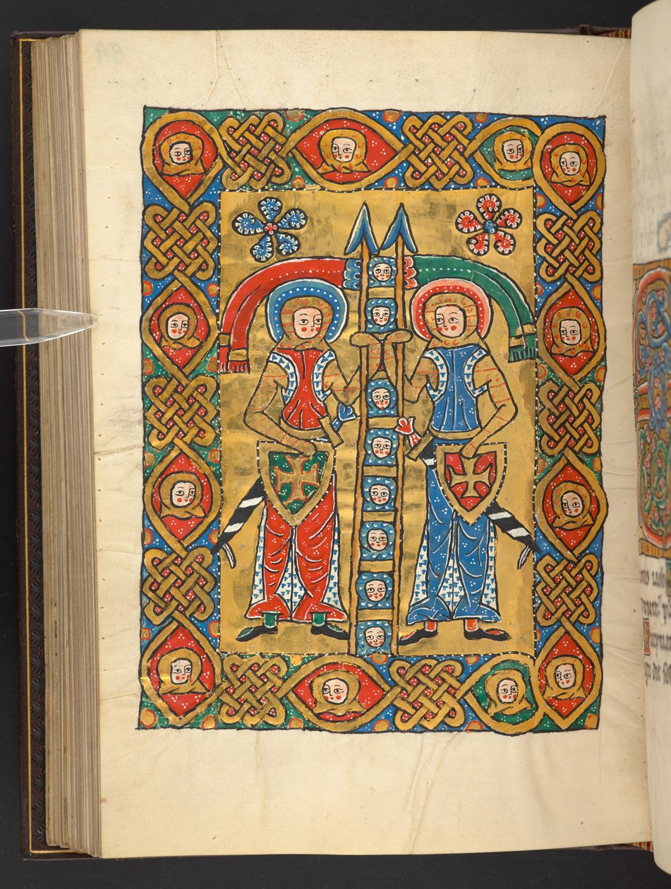 Hozzáadás. 60629, f.84v Két katonai szent, mások fejével (vellum) alkotó: German School