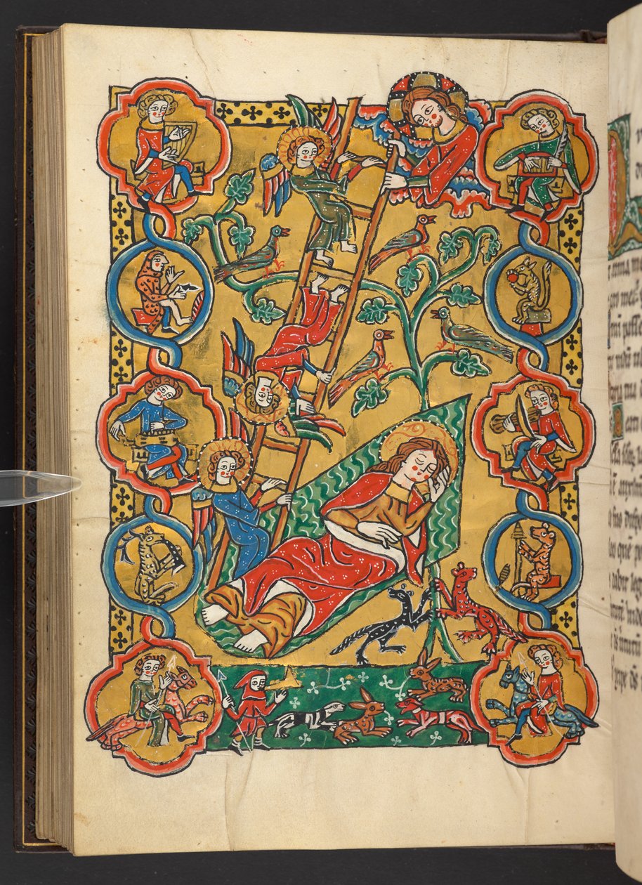 Hozzáadás. 60629, f.87v Jákob létra, életfával és zenészekkel, állatokkal, lábmelegítő emberrel és vadászjelenettel (vellum) alkotó: German School