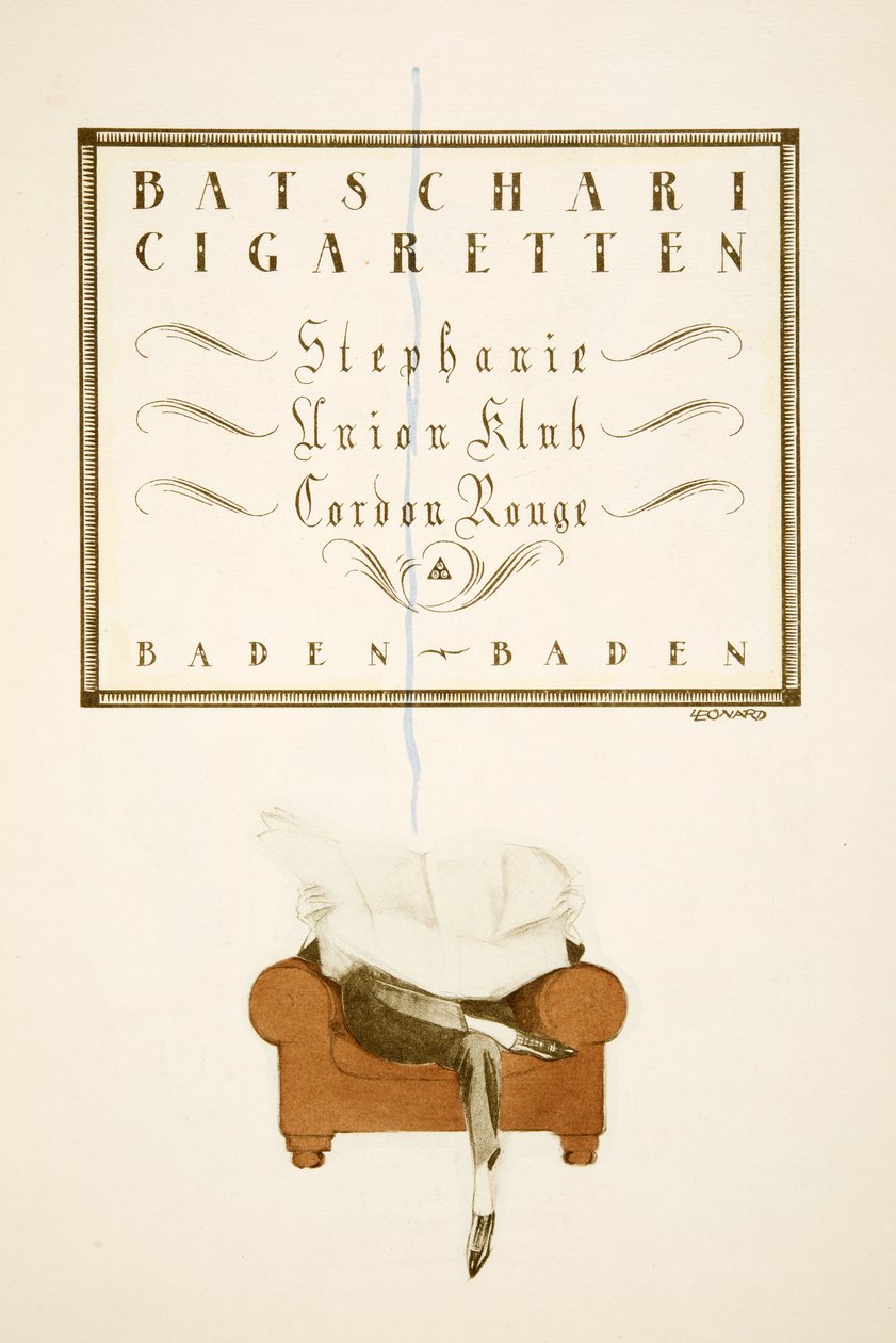 A "Batschari Cigaretten" reklámja, Styl, kiadó 1922 (pochoir nyomtatás) alkotó: German School