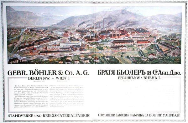 Az osztrák Gebr.Boehler & Co cég acélmű- és fegyvergyárának reklámja, egy bolgár almanachból, 1916 körül (színes litó) alkotó: German School