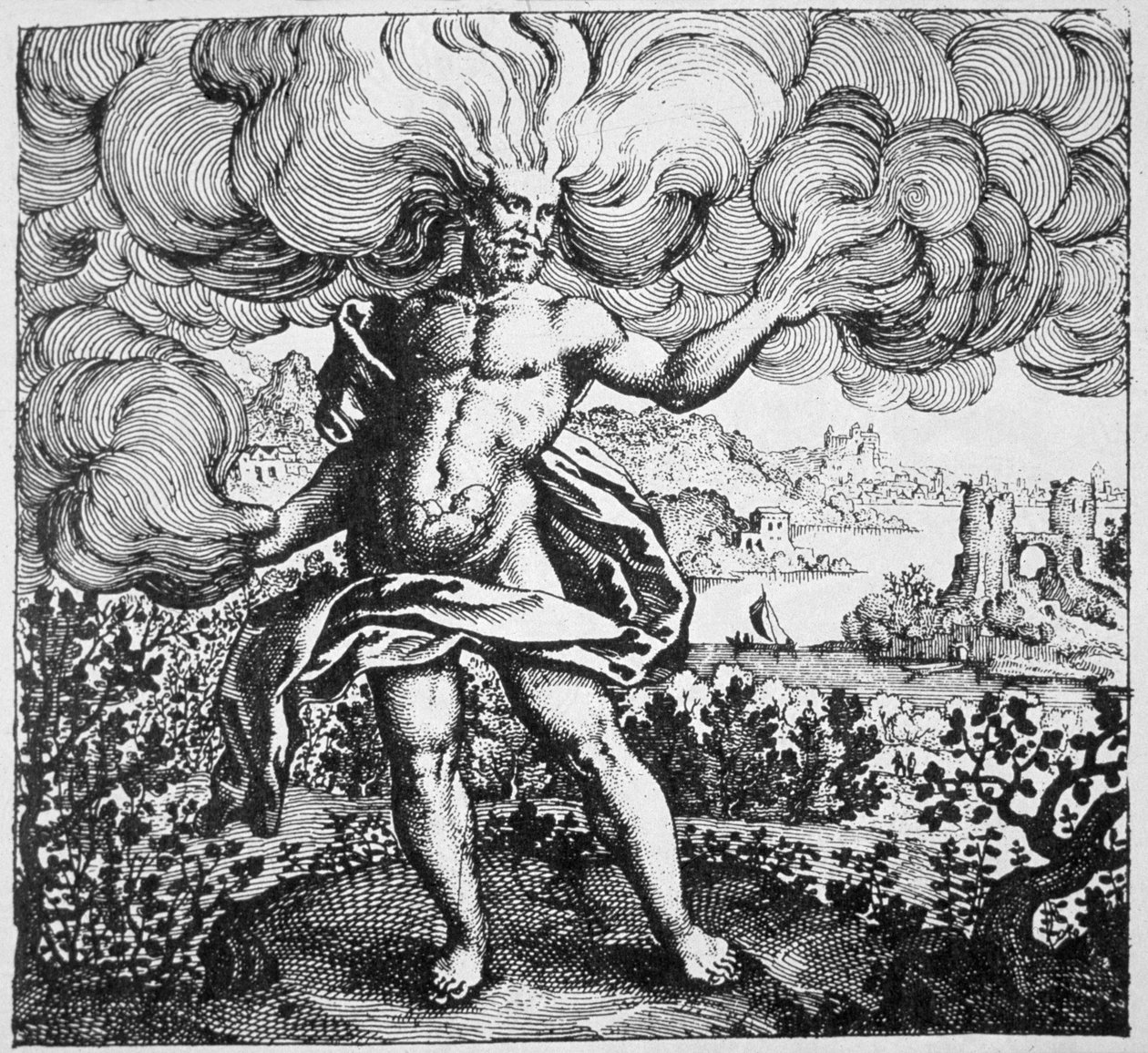 Alkímiai allegória: A szél a testében hordozta, Michael Majer (1687) Srutinium Chumicumból, amelyet a 19. század végén megjelent mágiatörténetben illusztráltak. alkotó: German School