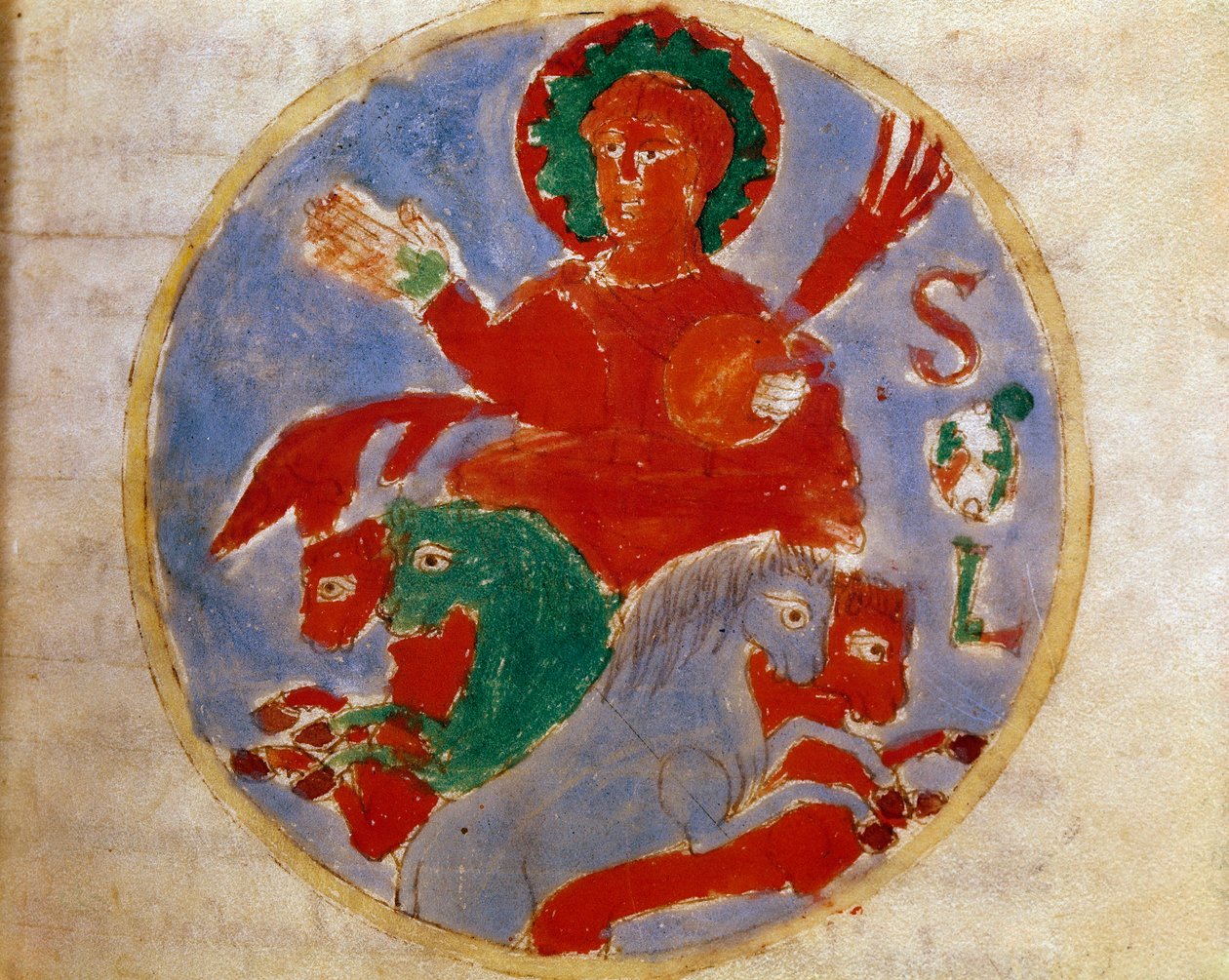 A Miniatűr Nap allegorikus ábrázolása Rabanus Maurus Magnentius (vagy Raban Maur vagy Rabano Mauro) "De sole" című kötetéből (vagy De rerum naturis (De la Nature des choses)) (132. kód) ( kb. 780-856). 9. század. Archívum alkotó: German School