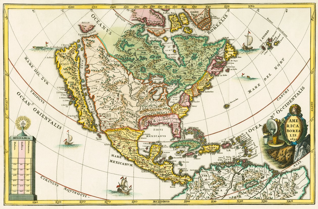 America borealis. Észak-Amerika térképe, amelyen Kalifornia szigetként szerepel, Heinrich Scherer Geographia hierarchica című művéből. alkotó: German School