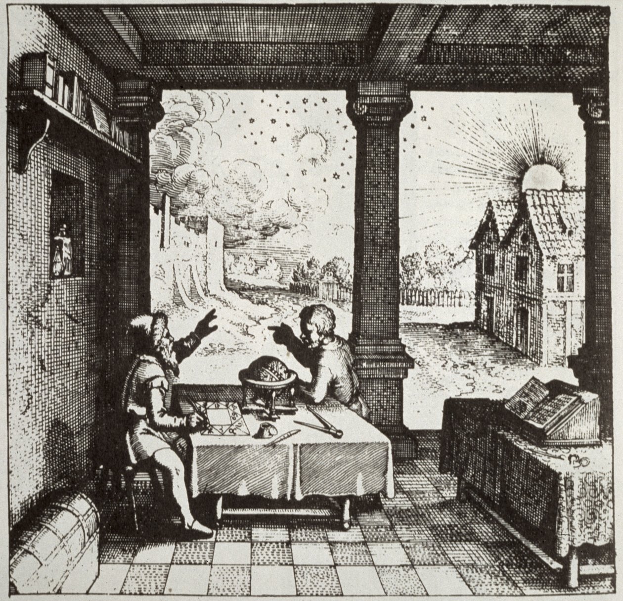 Horoszkópot öntő asztrológus, Robert Fludd Utriusque Cosmi Historia illusztrációjának másolata, Oppenheim 1617, a 19. század végén megjelent mágiatörténetben használt. alkotó: German School