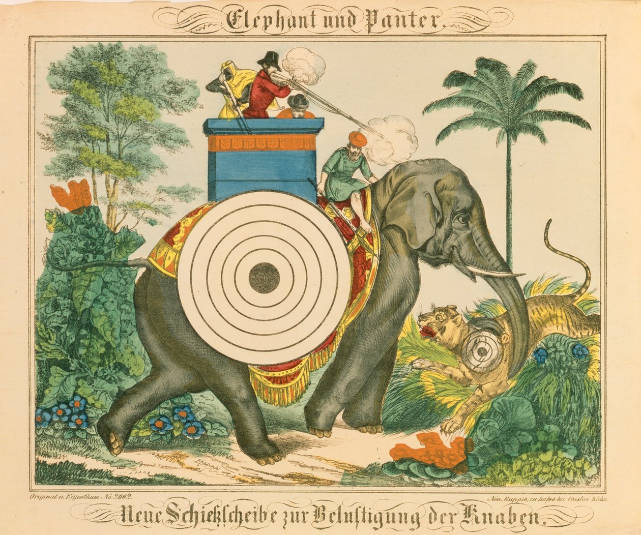 Egy elefánt és párduc célpontokkal, a Neuruppiner Bilderbogenből, 1850 alkotó: German School