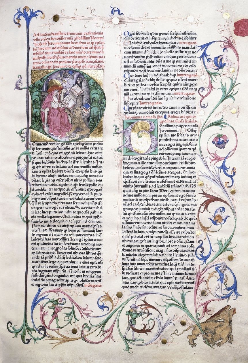 Egy megvilágított oldal, amely Szent Jeromost ábrázolja a dolgozószobájában, és egy szegély, amelyen egy griff látható, amelyet három ember támadott meg, 1470 alkotó: German School