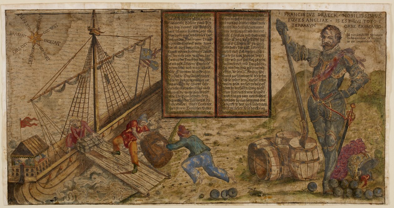 Francis Drake spanyolok elleni hadjáratát ünneplő, illusztrált lap, illusztráció a „Hier steh ich Drach in Engelandt” című könyvből (toll és tinta mosással a papíron) alkotó: German School