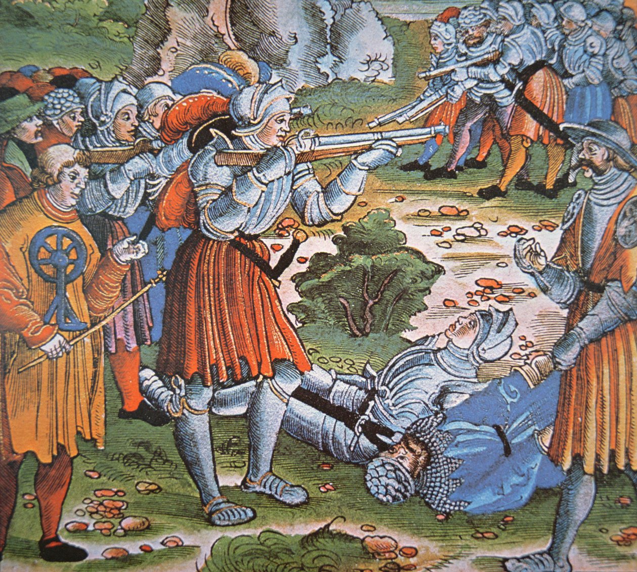 Páncélos katonák lőtt gyufazárral Arquebus, 15. század vége (kézzel színezett fametszet) alkotó: German School