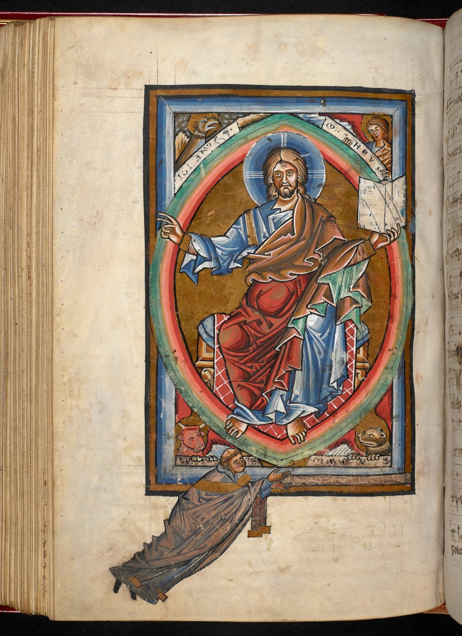 Arundel 156, f.99v, Krisztus fenségesen trónol egy mandorlában, körülvéve az evangélisták négy szimbólumával, a 