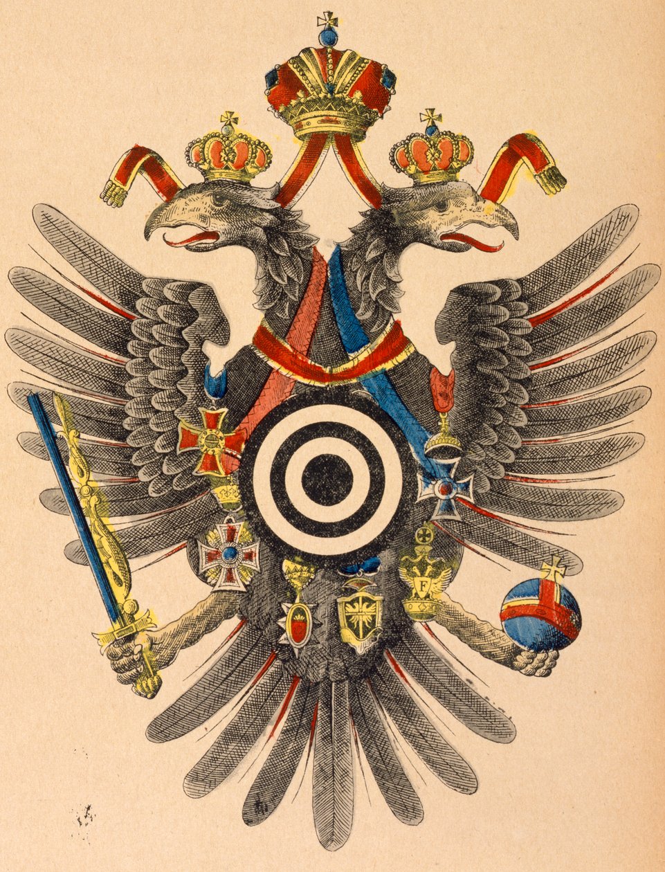 Osztrák-Magyar császári címer íjász célpontként, 1865 körül (színes fametszet) alkotó: German School