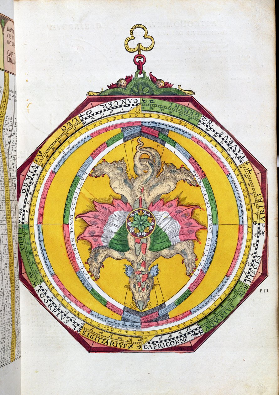 BT1.70.2 Volvelleor állatövvel, illusztrációja az Astronimicum Caesareumból, Peter Apian (Bennewitz) (1495-1552) pub. Ingolstadtban, 1540 (színes fametszet) alkotó: German School