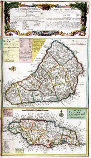 Barbados és Jamaica, részlet a karibi angol kolóniák térképéről, kocsma. Homanns Heirs, Nürnberg, 1750 körül (101836 részlet) alkotó: German School